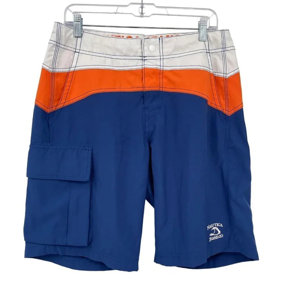 Nautica Retro Colorblock Board Shorts‎ Men's 32 Logo Surf Beach Vacation